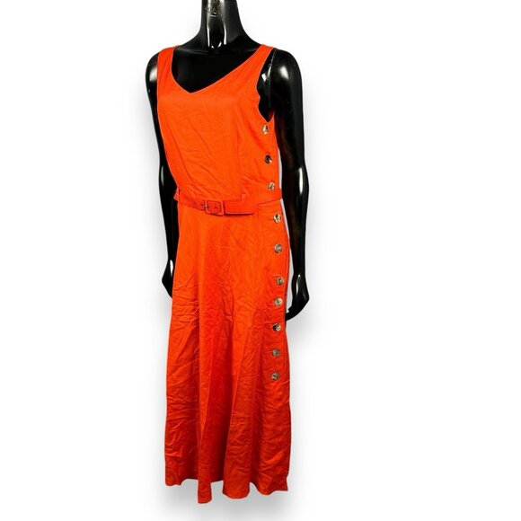 Vtg Claude Rene Orange Linen Side Button Sleeveless Dress Maxi Belt Sz 14 New - Picture 1 of 15